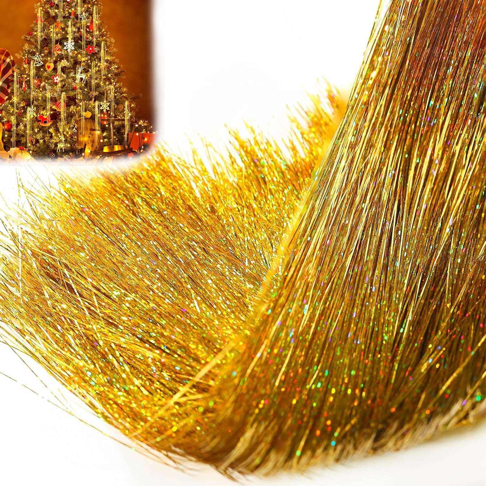PXDUCN Christmas Tinsel, 3000 Strands Christmas Decor Tinsel Icicles, 50cm/19.7in Aluminum Foil Tassel Extra Long Tinsel, for Christmas Decorations, Christmas Tree Decorations (Gold)