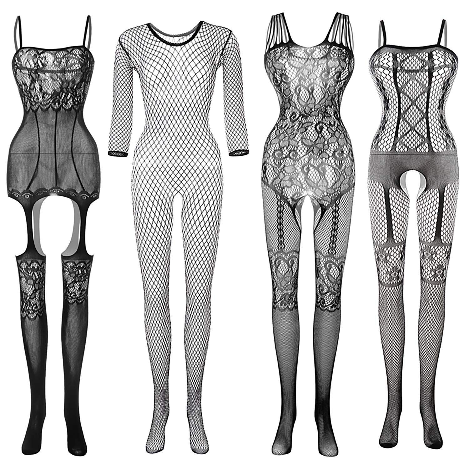 4 Pcs Women Stockings Lingerie Lace Fishnet Bodysuits Sleepwear Nightwear for Lingerie Party Date Wearing, Black