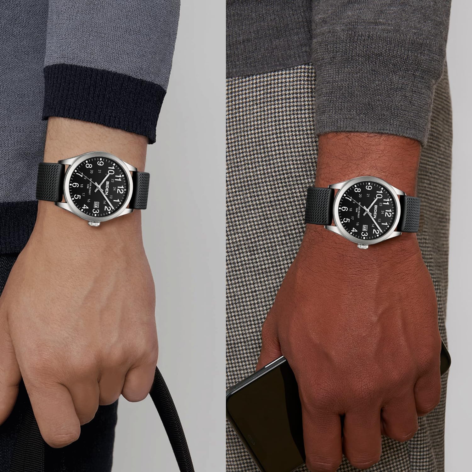 LN LENQIN Herren Analog Uhren 30M Wasserdicht Krankenschwester Uhren mit Nylon Bands für Männer Licht einfache Feld Uhr mit Datum Leichter Leser -Silber Schwarz