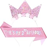 YARIEW 2nd Birthday Decorations, 2nd Birthday Headband and Glitter Sash Kit, Tiara Flower Princess Crown Headband for Party Favors Outfit