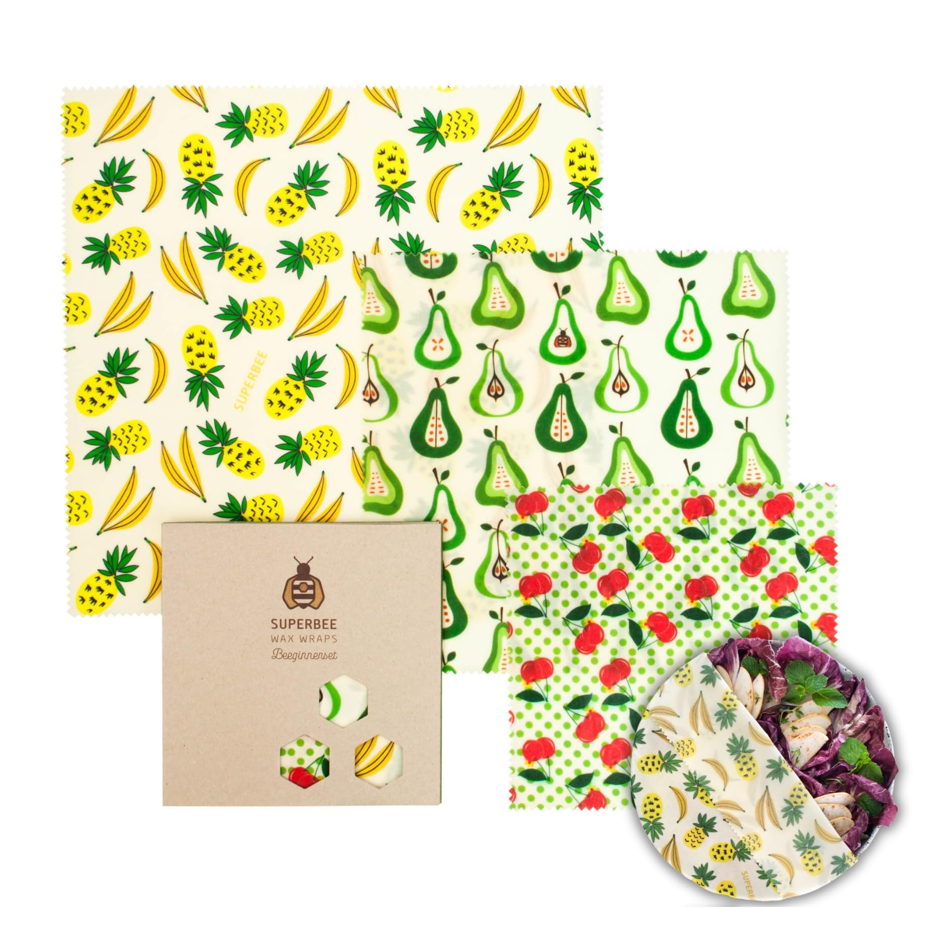 SUPERBEE Beeswax Wraps for Food, Set of 3 Reusable Beeswax Wraps, Sustainable Wax Paper for Wrapping Vegetables, Cheese, Bowls, and Sandwiches – Fruit Punch