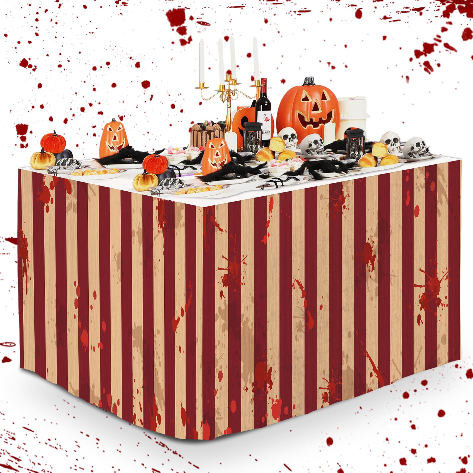 Photo 1 of 1 PCS Bloody Halloween Party Striped Table Skirt Creepy Carnival Halloween Table Skirts Halloween Bloody Circus Creepy Theme Party Table Cover Skirt Horror Movie Dinner Nights Party Decorations