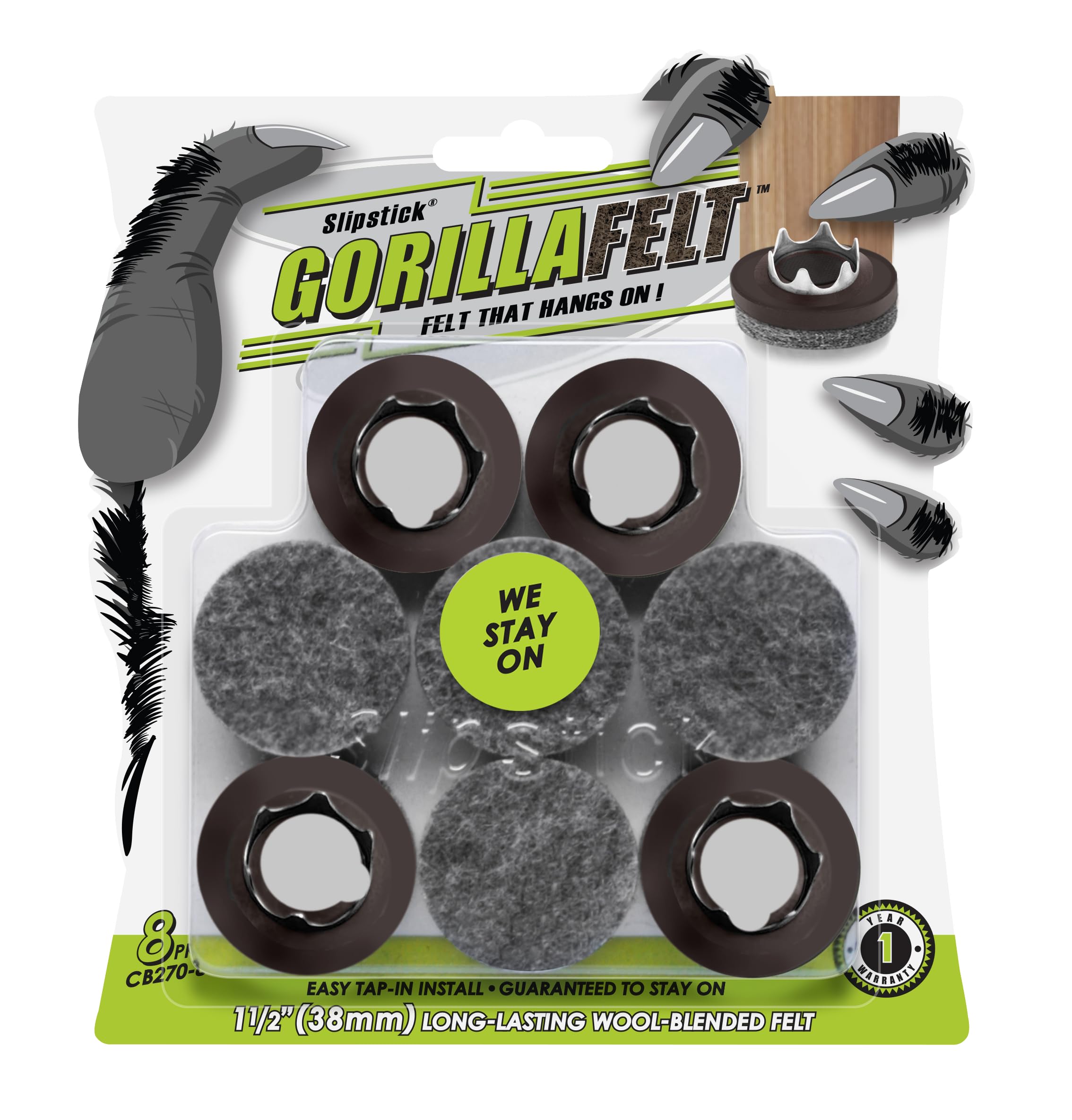 GorillaFelt 1-1/2 Inch Felt Glides/Furniture Feet Floor Protectors (Set of 8 Sliders) Nail On Felt Furniture Pads Guaranteed to Stay On, Round, CB270-8