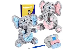 Marribol Crochet Kit for Beginners,Learn to Crochet Starter Kit with Step-by-Step Video Tutorial,Crochet Animal Kit for Adults Kids Gift, Elephant Crochet Kit-Included Elephant 2Pack