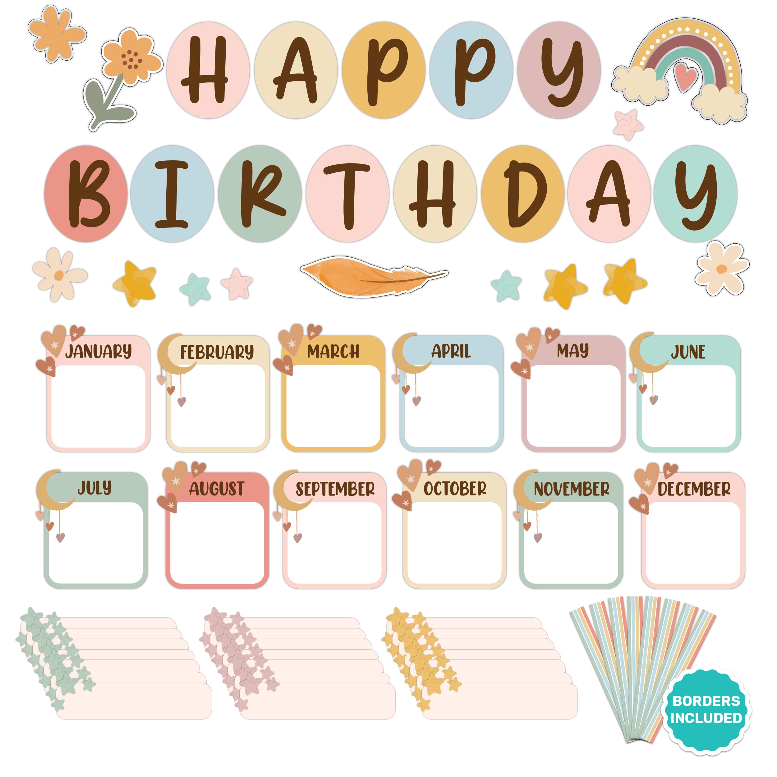 Photo 1 of Decorably 97 Pcs Cutouts Boho Birthday Bulletin Board Decorations Set with Borders, Boho Classroom Decor