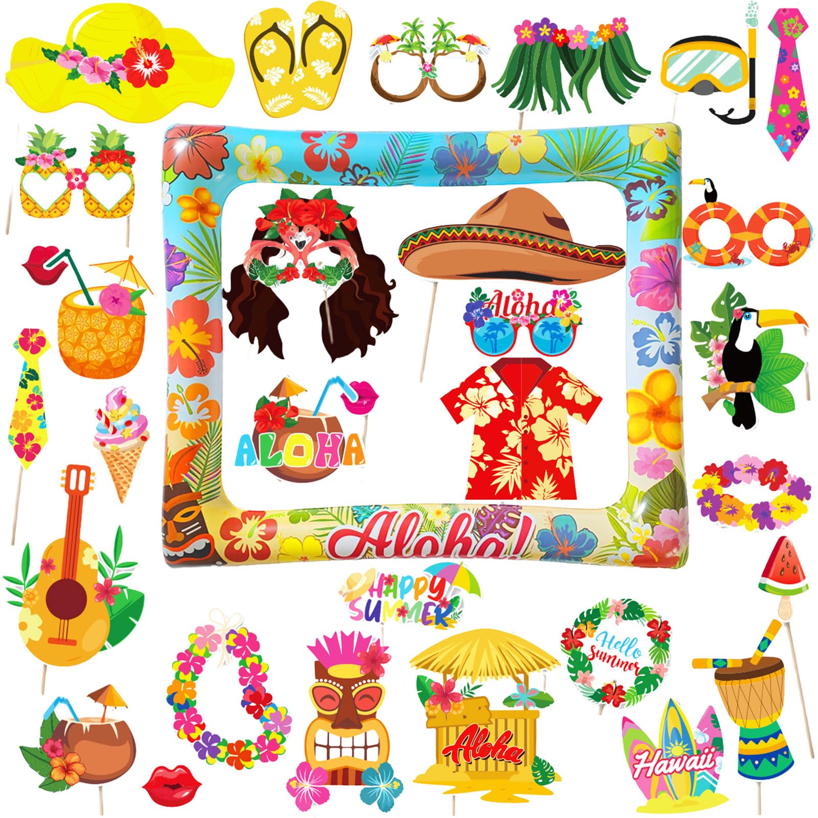 POPOYU 31Pcs Hawaii Summer Photo Props Kit,Inflatable Hawaii Photo Booth Frame,Funny DIY Selfie PhotoBooth Props for Summer Swimming Pool,SummerBeach Party Decorations