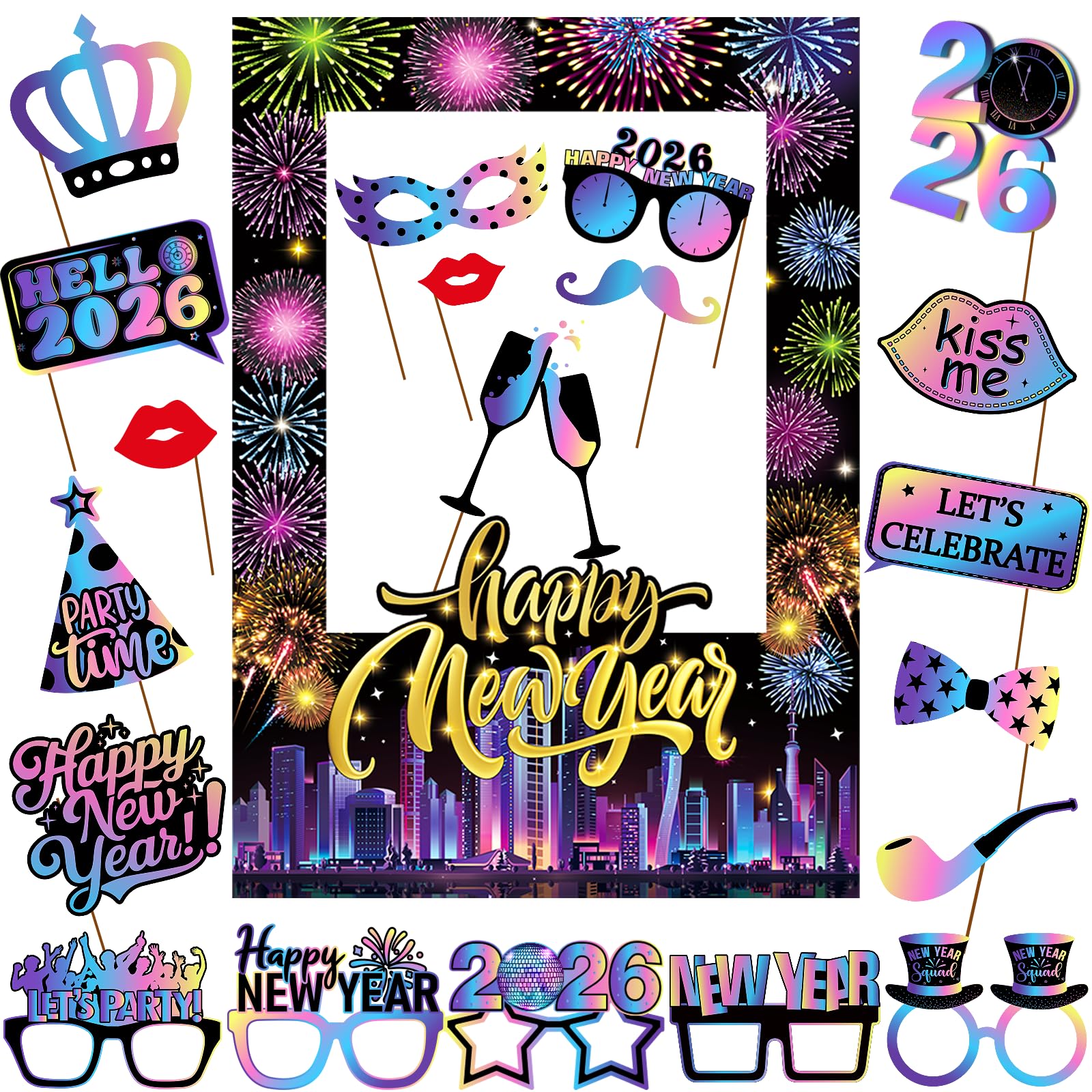 Photo 1 of 2026 Happy New Year's Eve Party Photo Booth Props with Photo Paper Frame Funny New Year's Eve 2026 Party Photo Booth Props for Men Women New Year Party Decoration Supplies