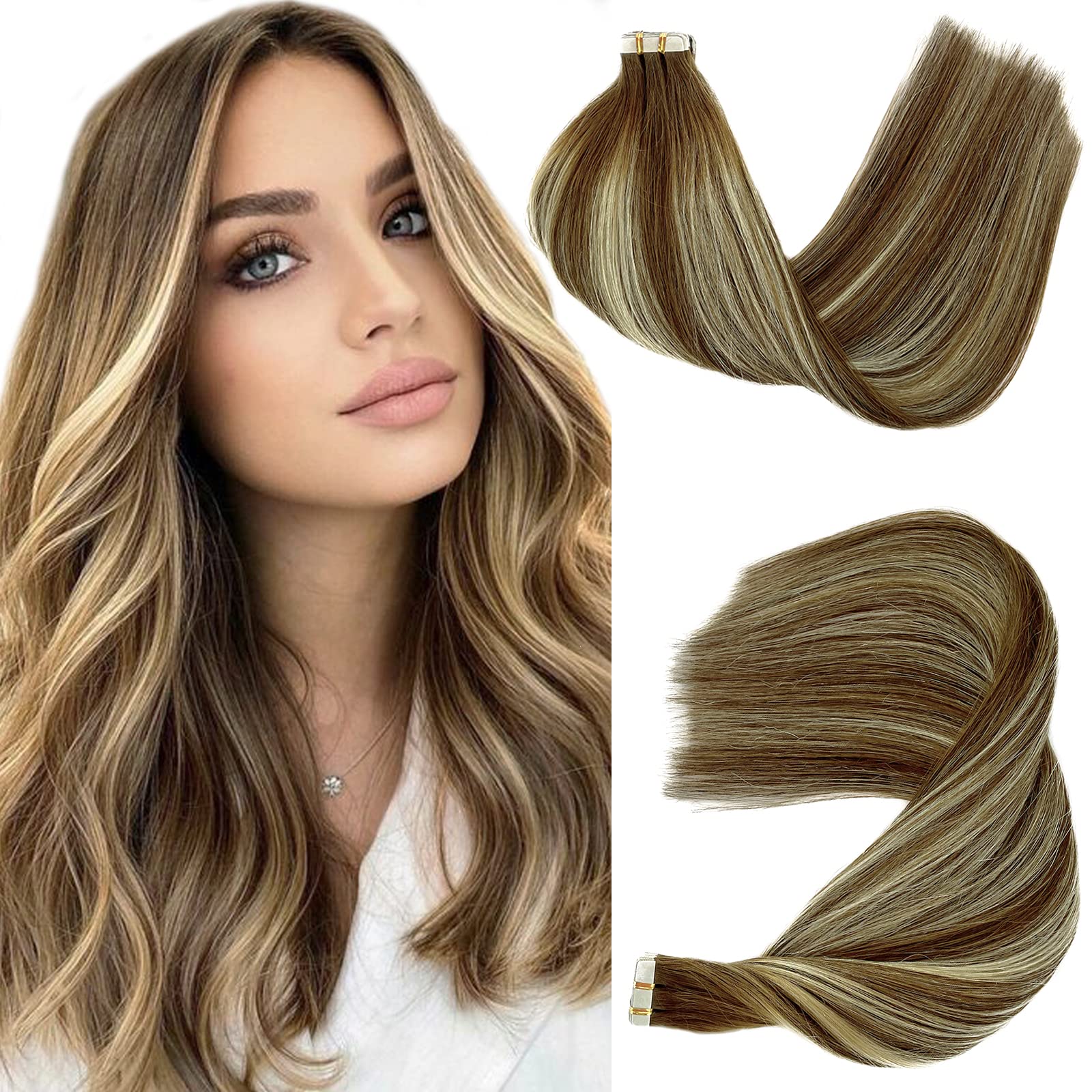 Photo 1 of Human Hair Tape in Extensions 24 Inch Tape in Hair Extensions Human Hair Balayage Brown to Blonde Invisible Tape in Tracks Hair Extensions PU Weft Tape ins Extensions Human Hair Double Sided 20PCS/50G