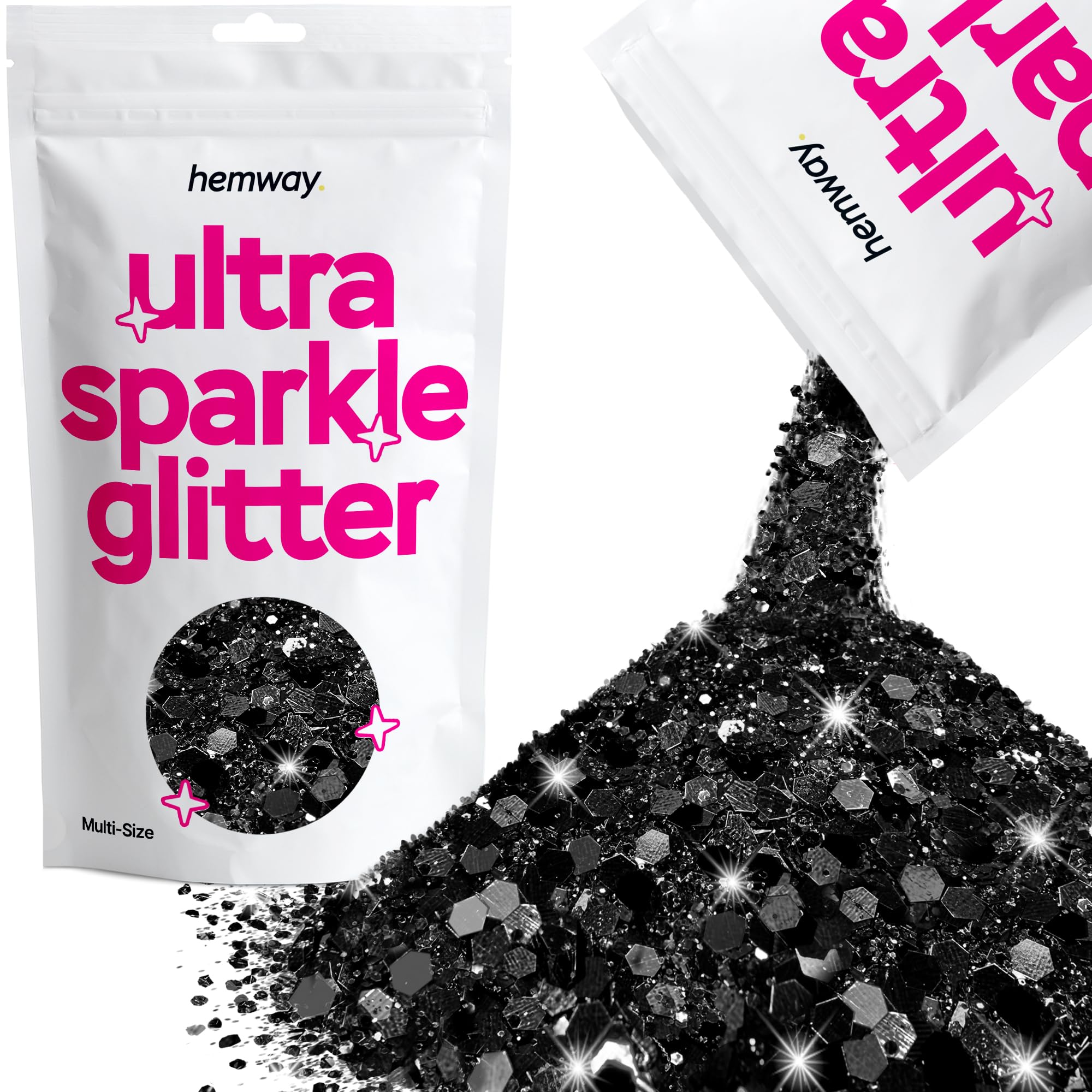 Hemway Ultra Sparkle Glitter Black 100g Multi Size | Glitter for Arts & Craft, Makeup, Nail Art, Crafting, Card Making, Sparkle Decoration