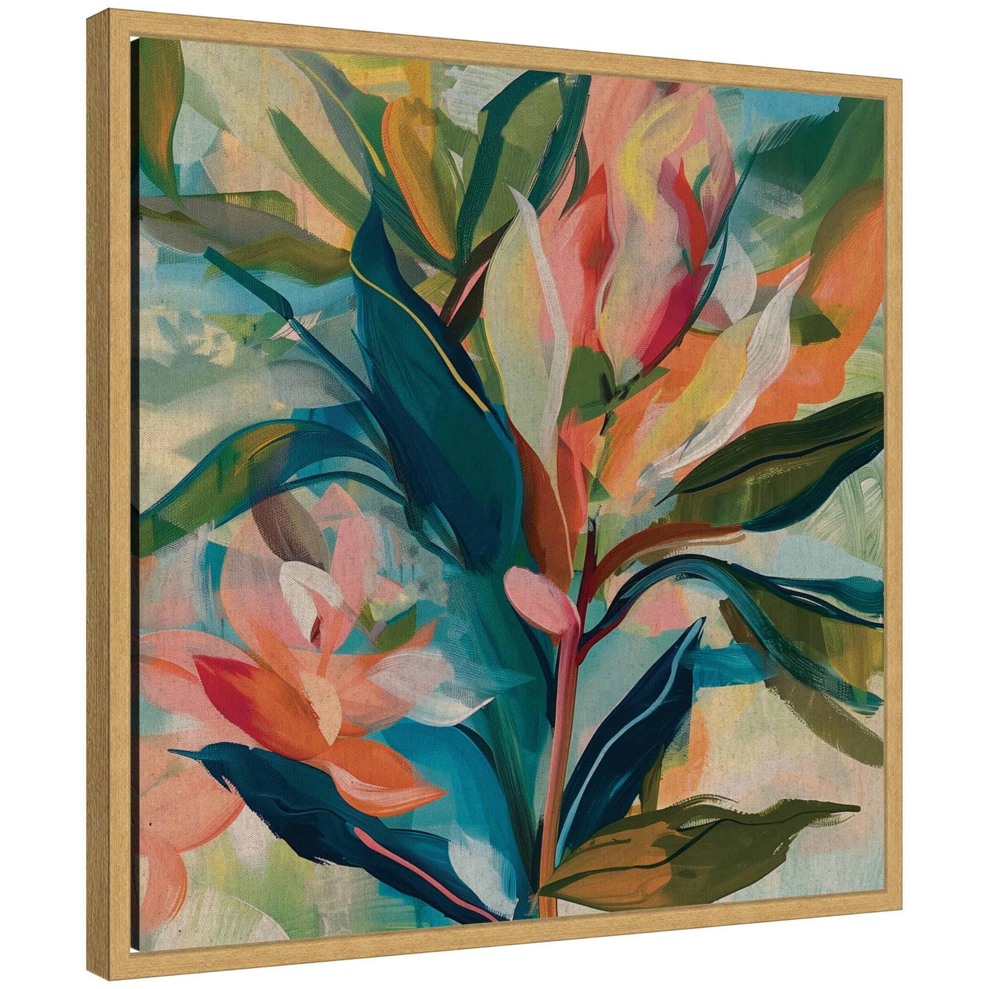 Photo 1 of ***littler damage in a side*** Kate and Laurel Colorful Tropic Botanical Abstract Neutral Linen Framed Canvas Wall Art by The Creative Bunch Studio 22 x 22 Sylvie Bright Gold, Bohemian, Abstract, Flowers Art for Wall Decor, Living