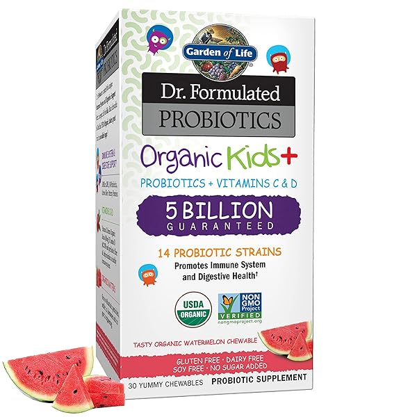 GARDEN OF LIFE DR. FORMULATED PROBIOTICS ORGANIC KIDS+ PLUS VITAMIN C & D – WATERMELON – 5 BILLION CFU GLUTEN, DAIRY & SOY FREE IMMUNE & DIGESTIVE HEALTH SUPPLEMENT, NO ADDED SUGAR – 30 CHEWABLES