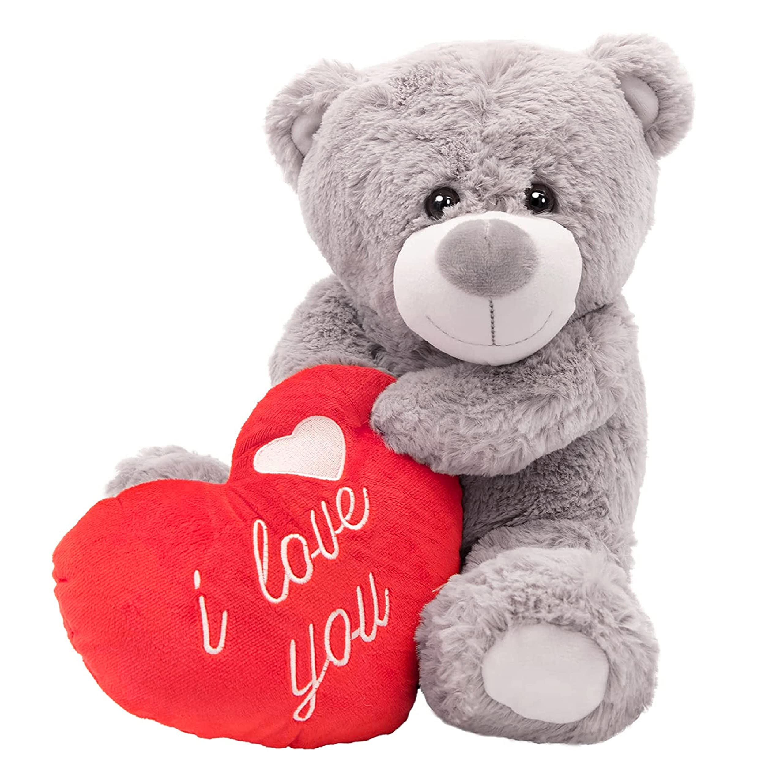 I Love You Teddy Bear Valentines Day Present Large 16"/41cm Soft Grey Plush Toy Holding Red Love Heart with 'I Love You' Embroidery - Perfect for Valentines - Mother's Day