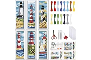 FREEBLOSS 6 Set Bookmark Cross Stitch Kits Cross Stitch Bookmark Kit with Instructions Lighthouse Scenery Pattern Embroidery Kit for Beginners Bookmarks Making Kit for Gift