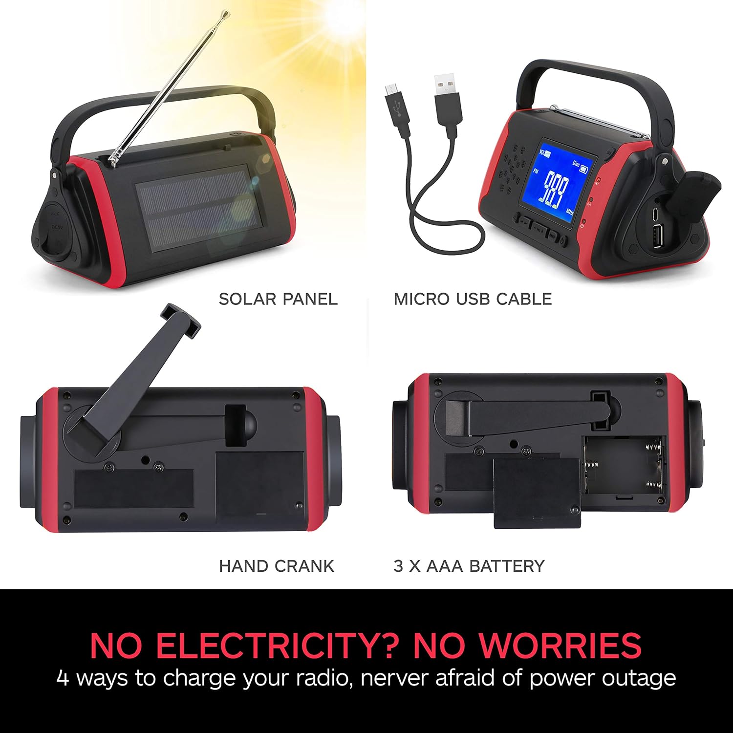 Emergency NOAA Weather Crank Solar Powered Portable Radio with 4000mAh Battery Power for Cell Phone, Bright Flashlight for Household Emergency and Outdoor Survival (097-Red): Home Audio & Theater