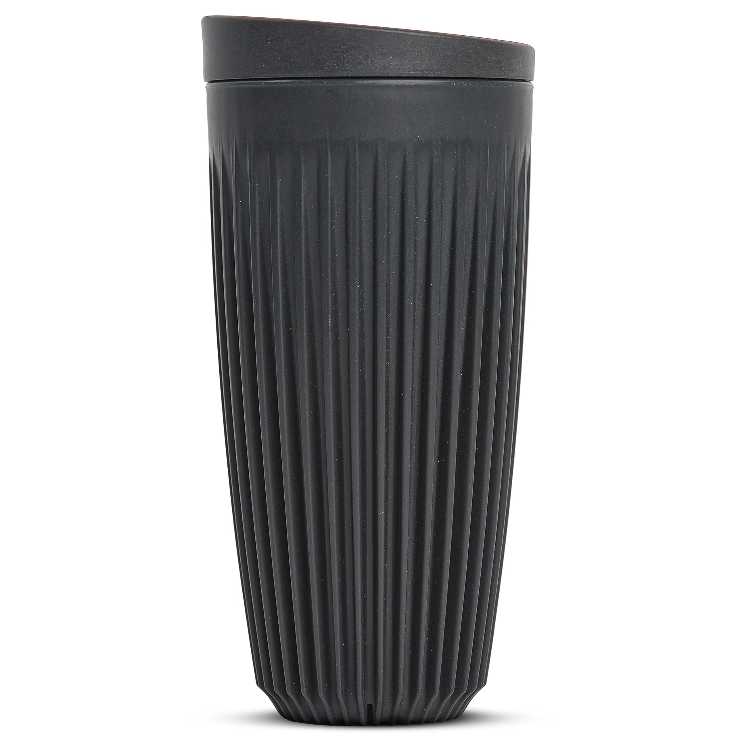 HUSKEE Coffee Cups with Lids - Reusable Coffee Cup with Unique Fins for Espresso, Cappuccino, Americano, Mocha - Insulated & Portable Latte Cups Made with Repurposed Coffee Husks (Charcoal, 16oz)