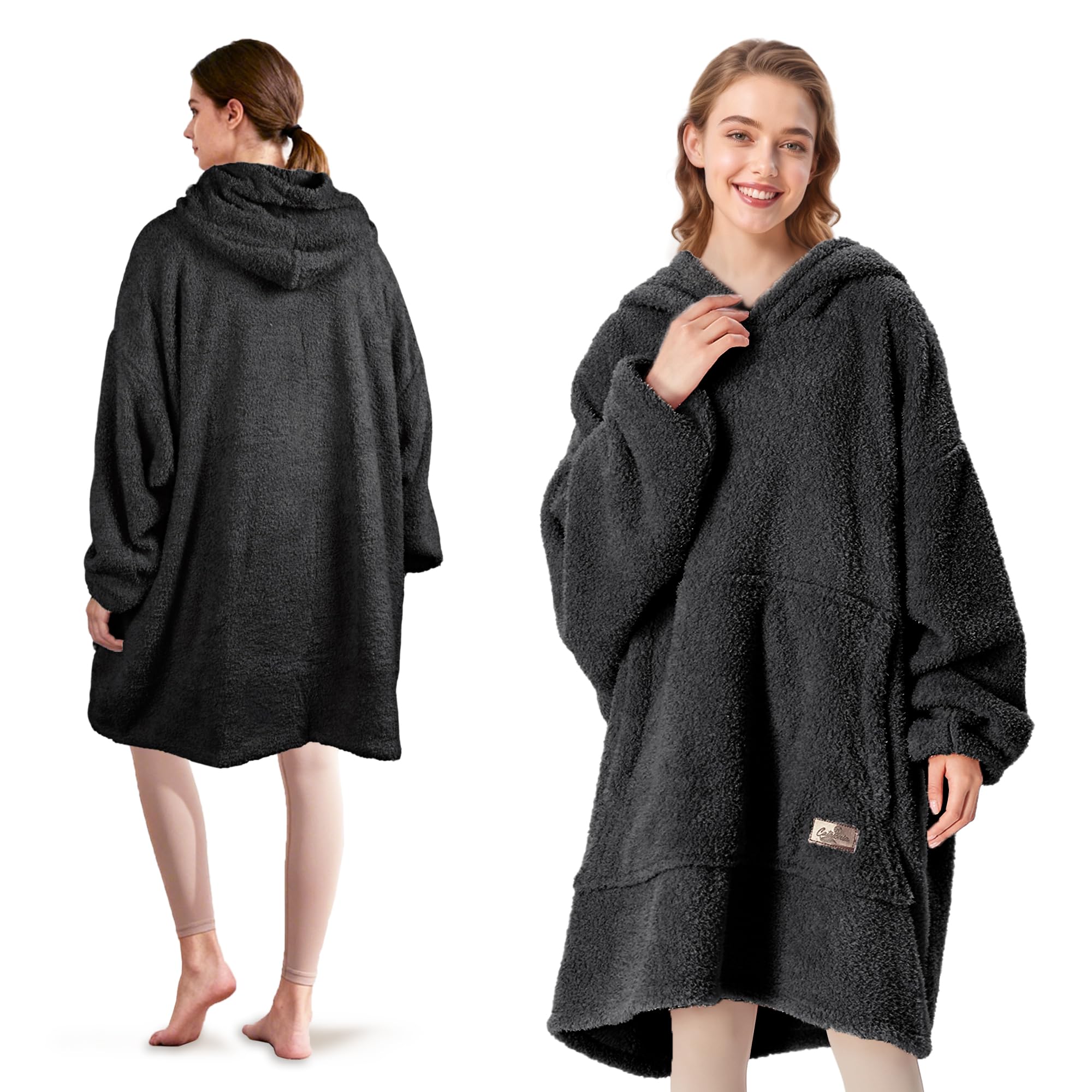 Catalonia Classy Wearable Oversized Hoodie Blanket, Snuggle Sherpa Blanket Hoodie, Warm Throw Blanket Sweatshirt with Sleeves for Winter, Gifts for Mum Women Men Adults Teens, Black
