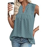 EVALESS Women's Tops Lace V Neck Dressy Casual Sleeveless Blouses Elegant Swiss Dot Smocked Shirts Spring Fashion