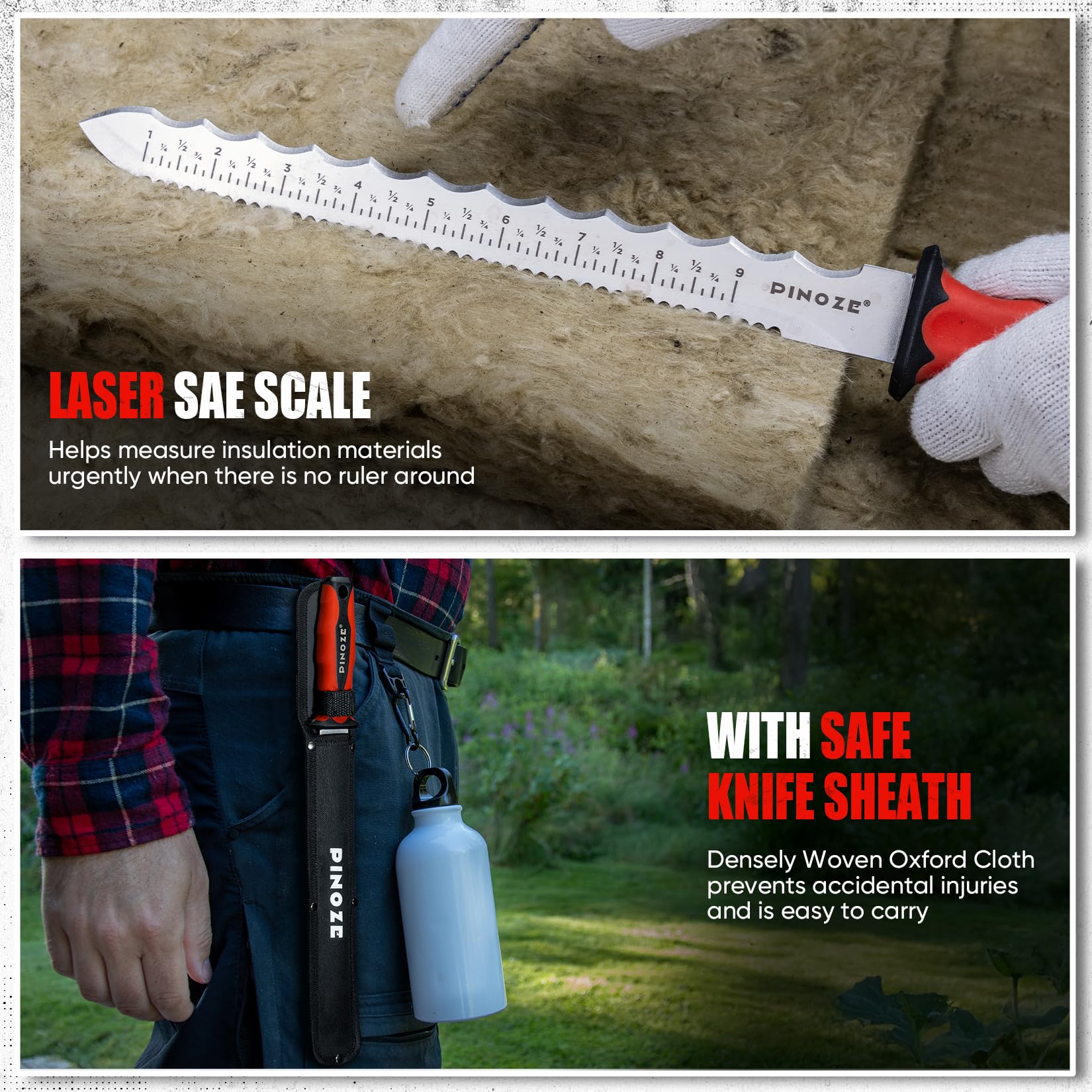PINOZE 28cm Dämmstoffmesser, Edelstahl Klinge Isoliermesser w/Laserskala, Doppelseitige gezähnte Messer Werkzeug zum Schneiden von Wärmematerial Schaum/Steinwolle/Styrofoam, Garten Sod Cutter 7