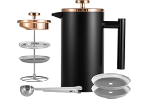 Meelio Small French Press Coffee Maker, Double-Wall Insulated French Press Coffee Press Stainless Steel, Included 2 Extra Fli