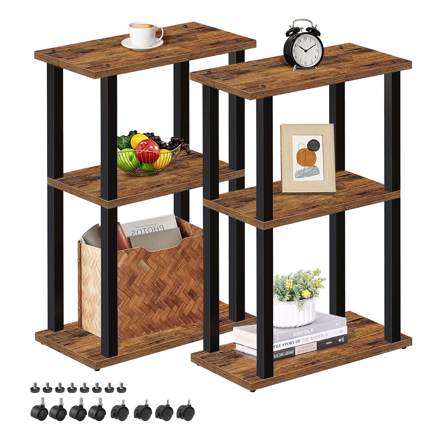 TUTOTAK Small Side Table, Narrow End Table, Bedside Table, Set of 2, Couch Side Table with Wheels for Living Room or Bedroom, Brown TB01BB0612