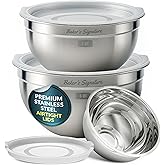 Baker's Signature Stainless Steel Mixing Bowls With Lid, Metal Mixing Bowl Set Of 3, Nesting Set For Food Prep, Baking,Storage, Cooking, Serving | Dishwasher Safe, Silver, 1.5/3/5 Qt