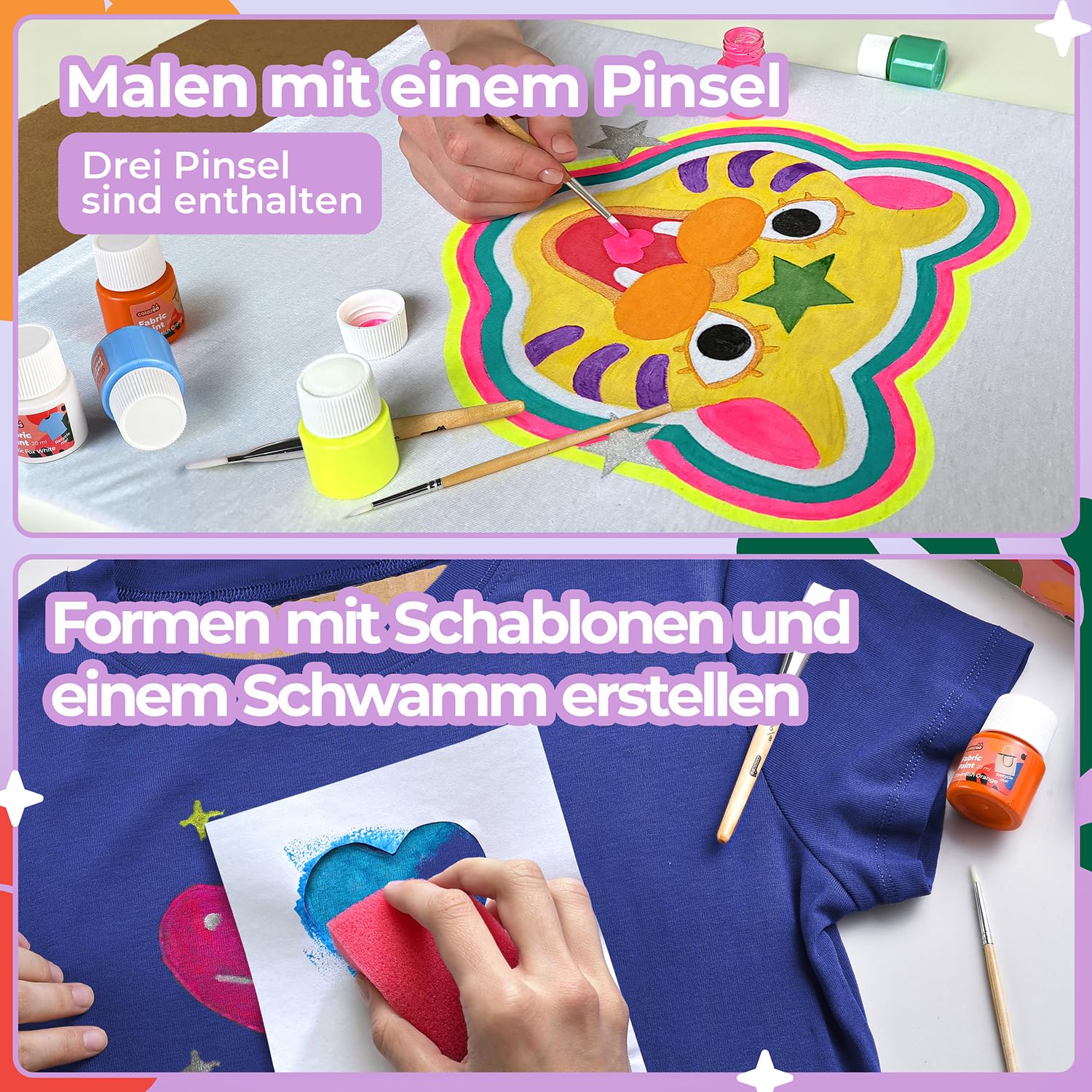 colozoo Textilfarbe Waschmaschinenfest 14x20ml | Waschfestes Set inkl. Gold, Silber, 2 Neonfarben & 3 Pinsel | Zum Malen auf dunklen und hellen Stoffen 4