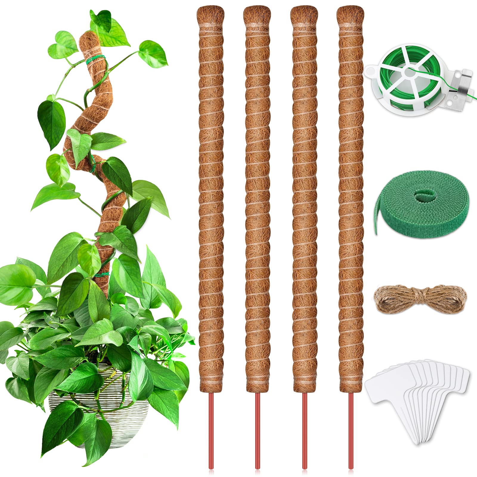 Modacraft 4 Pack 25inch/64cm Coco Coir Moss Pole, Upgraded Bendable Plant Support with Twist Ties and Jute Rope, Moldproof Sticks for Climbing Plants Growth Indoor