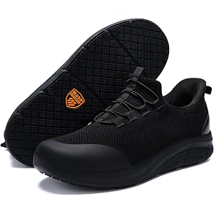 YMXSUPPER Slip On Non Slip Work Shoes for Men and Women Black | Oil Resistant Hand Free Breathable Arch Support All Day Stand