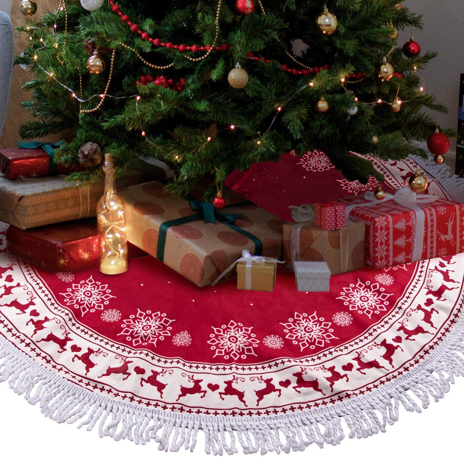 UNOLIGA Christmas Tree Skirt Red, 97cm Small Xmas Tree Skirt, Under Christmas Trees Floor Mat, Tree Rug Carpet Blanket Base Bottom Cover, with Tassel Snowflake Reindeer