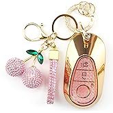 Rayslesan Sparkly Key Fob Cover with Cherry Keychain, Bling TPU Smart Key Case for Women, Compatible with Mercedes Benz S-Class G-Class E-Class EQE EQS 2020-2025 (3-Button, Gold Pink)