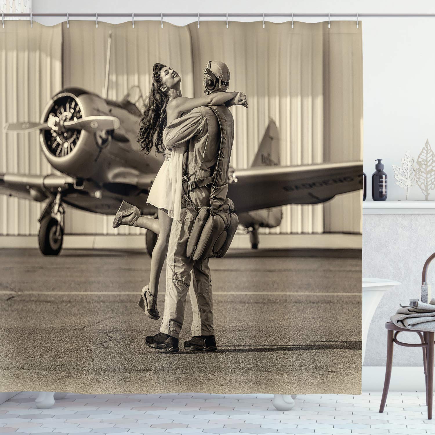 ABAKUHAUS Vintage Airplane Shower Curtain, Brunette Young Woman Hugging a Pilot Historical Aircraft Homecoming Image Print, Cloth Fabric Bathroom Decor Set with Hooks, 94 Inches, Sepia