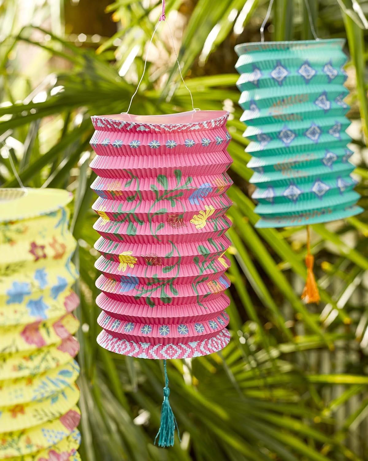 Talking Tables Pack of 3 Boho Chinese Paper Lanterns with Tassels, Pink - Image 3