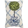 Peking Handicraft Ball Topiary in Chinoiserie Pot with Blue Trellis 12" x 18" Hooked Wool Throw Pillow with Polyfill Insert