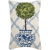 Peking Handicraft Ball Topiary in Chinoiserie Pot with Blue Trellis 12" x 18" Hooked Wool Throw Pillow with Polyfill Insert