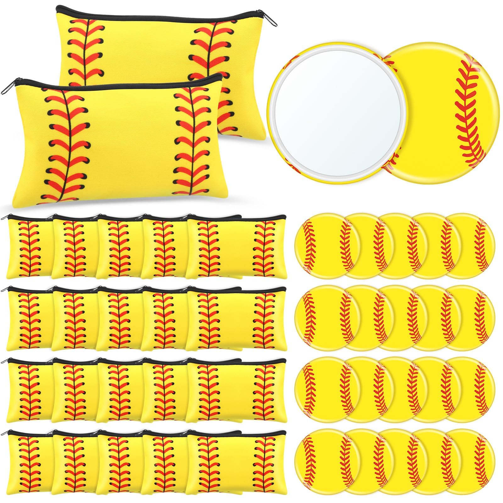 Photo 1 of 40 Pcs Softball Party Favors Softball Gifts for Team Girls Bulk Include 20 Softball Cosmetic Bag 20 Softball Compact Mirror Softball Sport Round Pocket Portable Mirror for Women Girls