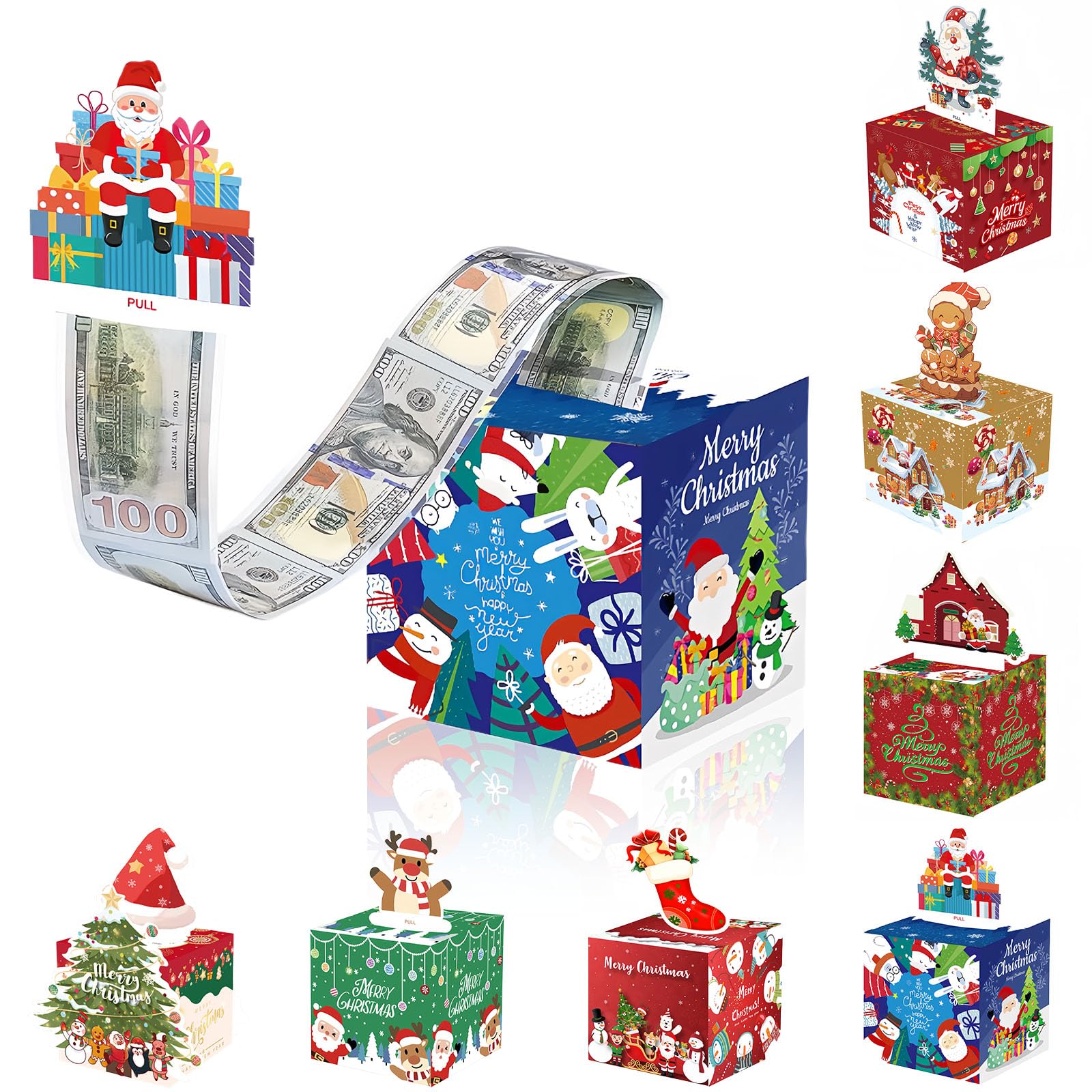 Christmas Money Pull Box,Christmas Money Gift Box Pull Surprise Money Pull Pouch for Kids/Adult,Xmas Money Box for Cash,Money Cake Pull out Cash with Xmas Card and 50P Bags,Money Reveal Box Xmas Party