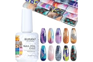 BURANO Nail Art Nail Foil Glue Gel, o.5 oz with 10PCS Foil Stickers Set Nail Foil Glue for Nails Foil Transfer Gel, Nail Design DIY UV LED Lamp Required (Mable 26)