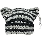 Hshsclth Cat Ear Beanie Hat for Women Y2K Striped Beanie with DIY Goth Accessories Slouchy Crochet Goth Hat Beanie with Ears