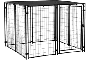 PawHut Outdoor Dog Kennel Run, Large Wire Steel Puppy Fence, Lockable Pet Playpen Crate Enclosure, with Top Cover, Door, Blac