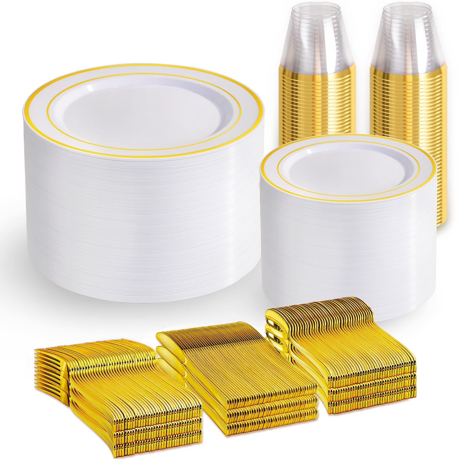 Photo 1 of Gold Disposable Dinnerware Set for 100 Guests - 600PC BPA-Free Plastic Plates & Cutlery Kit with 100 Dinner Plates, Salad Plates, Forks, Knives, Spoons & Cups for Wedding, Party, Catering (Heavy-Duty)