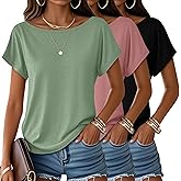 Huukeay 3 Pack Boat Neck Off The Shoulder Tops for Women, Short Sleeve Loose Shirts Causal Oversized Tunic Basic Tees