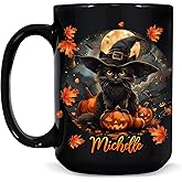 Hyturtle Personalized Halloween Black Cat Mug - Black Cat Gifts For Women Lover - Pet Spooky Season Gifts For Her Lover - Halloween Decor For Birthday - Custom Name Coffee Cup Ceramic Mug 11 Oz 15 Oz