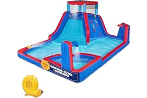 Sunny & Fun Four Corner Inflatable Water Slide Park – Heavy-Duty for Outdoor Fun - Climbing Wall, Slide & Deep Pool – Easy to Set Up & Inflate with Included Air Pump & Carrying Case
