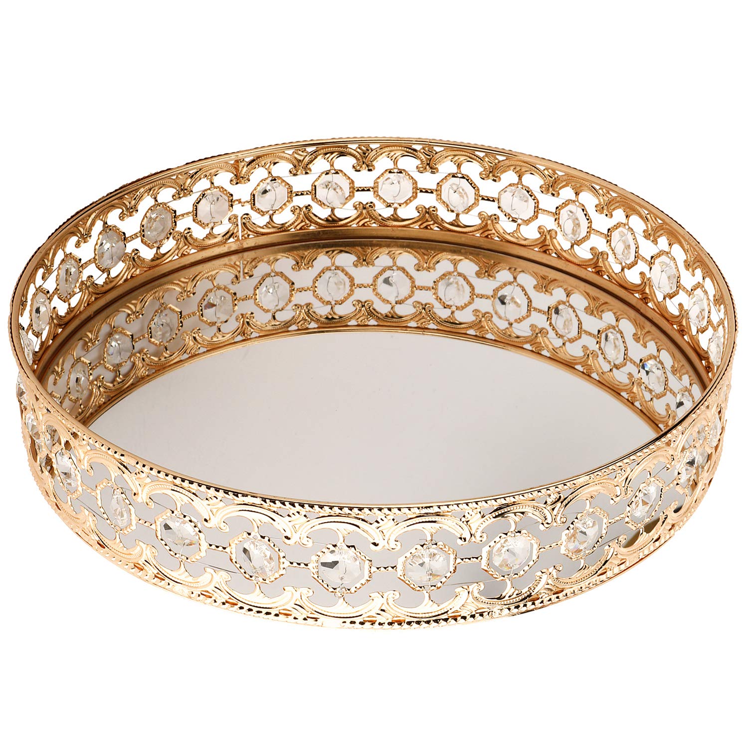 Homtone 30CM Mirrored Crystal Ornate Decorative Tray, Cosmetic Makeup Vanity Tray, Jewelry Trinket Organizer Tray, Perfume Tray for Vanity, Dresser, Bathroom, Bedroom (Golden)