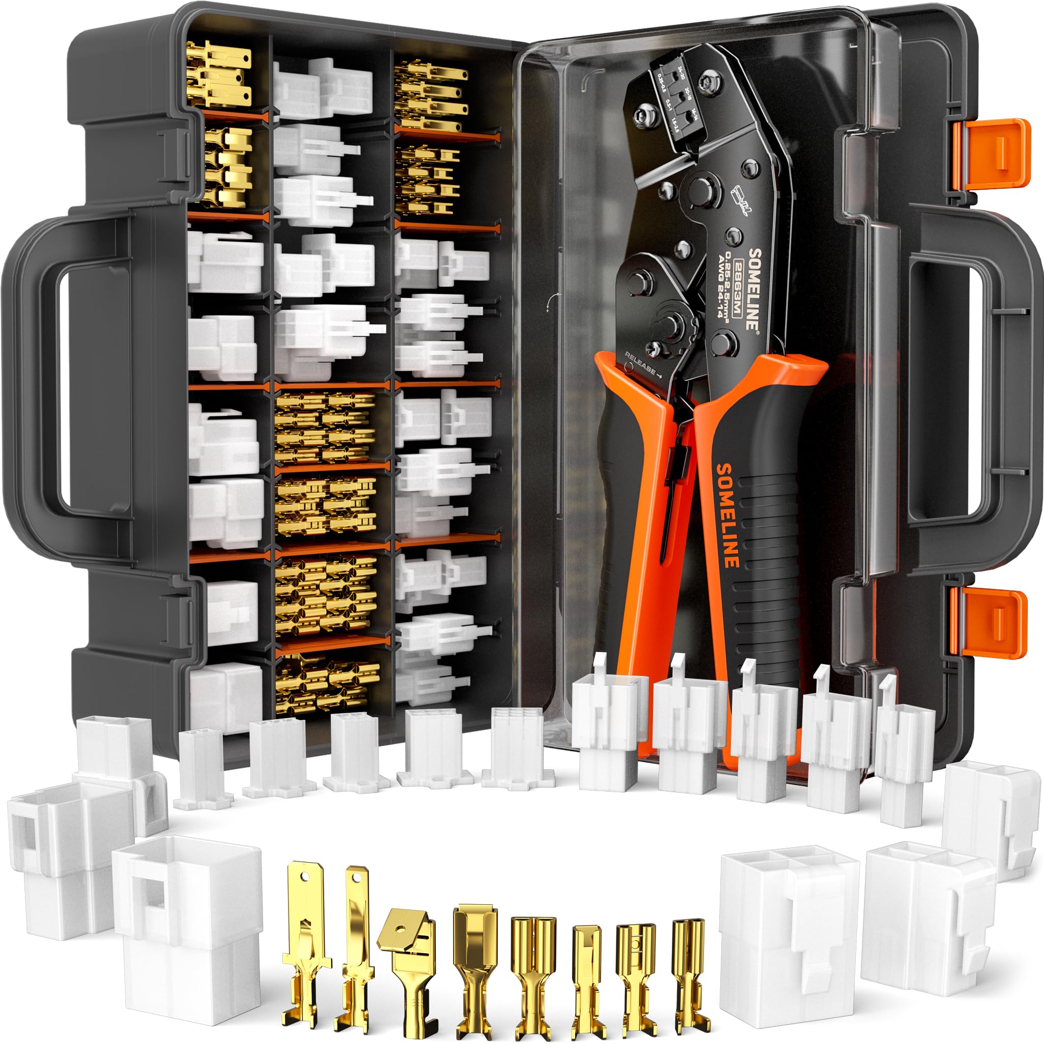 Photo 1 of SOMELINE Automotive Wire Connectors Crimp Tool Kit, Crimper for 24-14 AWG Non-Insulated Quick Disconnect Terminals, with 2-9 Pin 2.8mm/6.3mm Plugs & Sockets