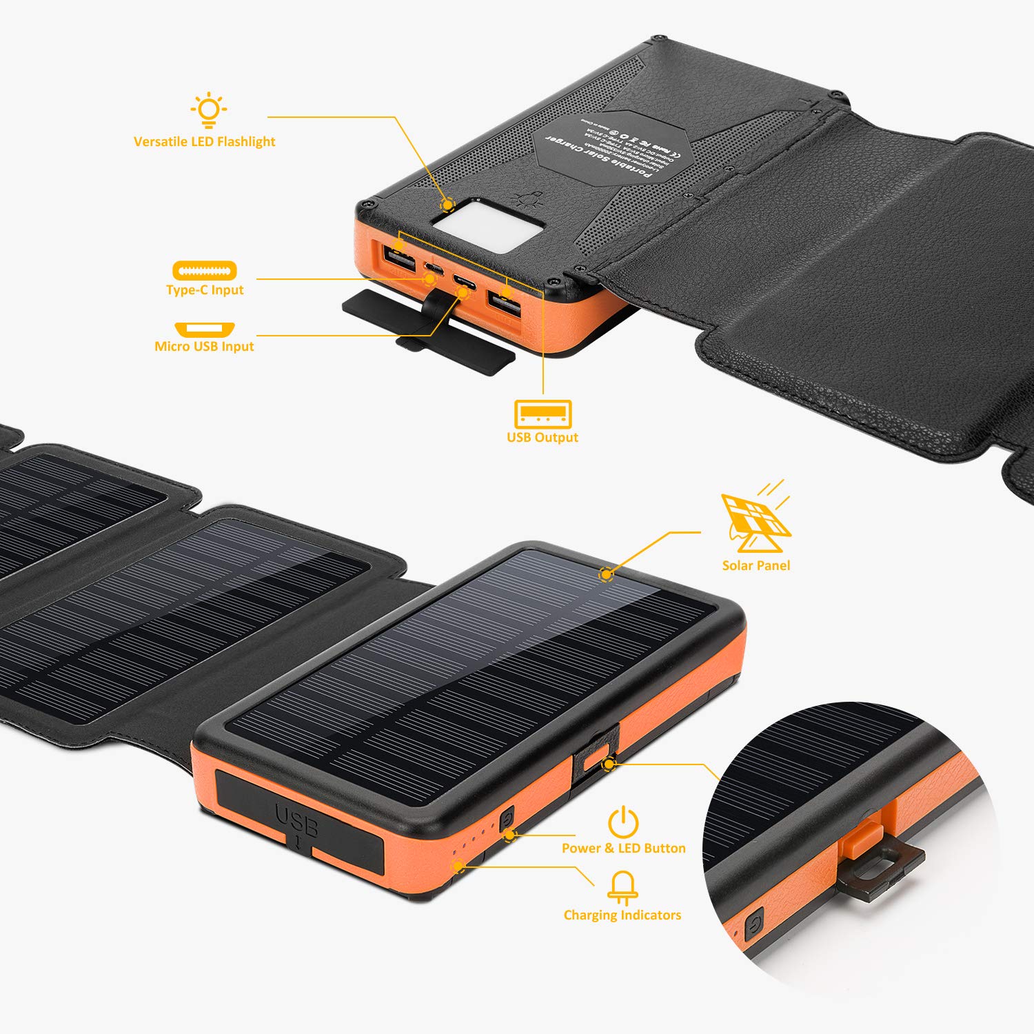 20000mAh Solar Charger with Dual 5V/2.4A Outputs and Quick Charge Type C 5V/3A Output/Input,Solar Power Bank with 4 Waterproof Foldable & Removable External Battery Pack,Works for Smartphone and More