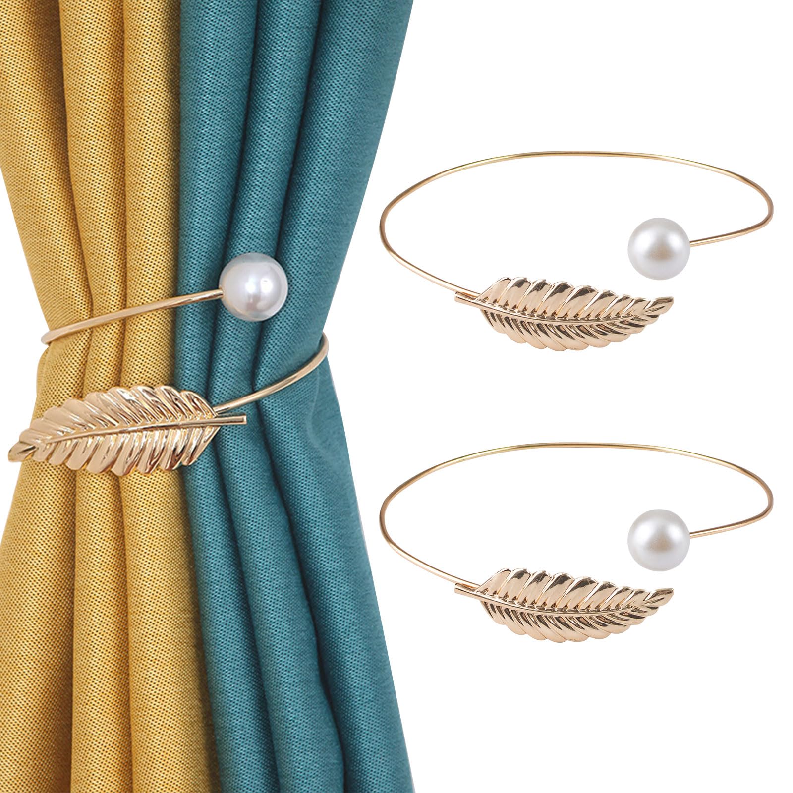 UFURMATE Curtain Tiebacks, 2Pcs Random Twist Tie Backs Creative Curtain Rope Buckles Decorative Pearl Leaf Drape Holder Clips for Home Office (Golden)