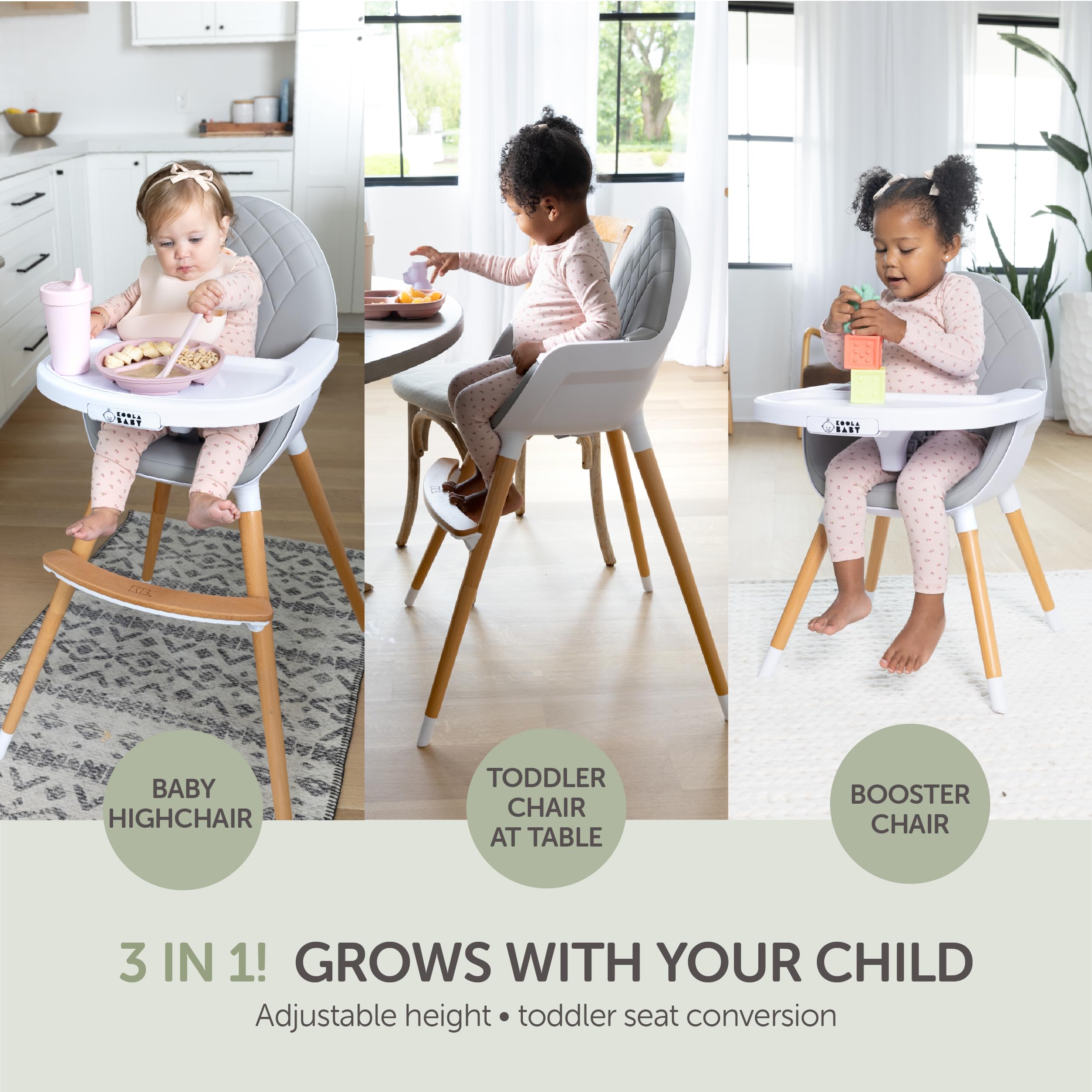 Convertible High Chair for Babies, Toddlers, Kids & Children - Wooden Highchair with Adjustable Height & Dishwasher Safe Tray - Wood Feeding & Dining Chair - Converts to Booster Seat - KoolaBaby