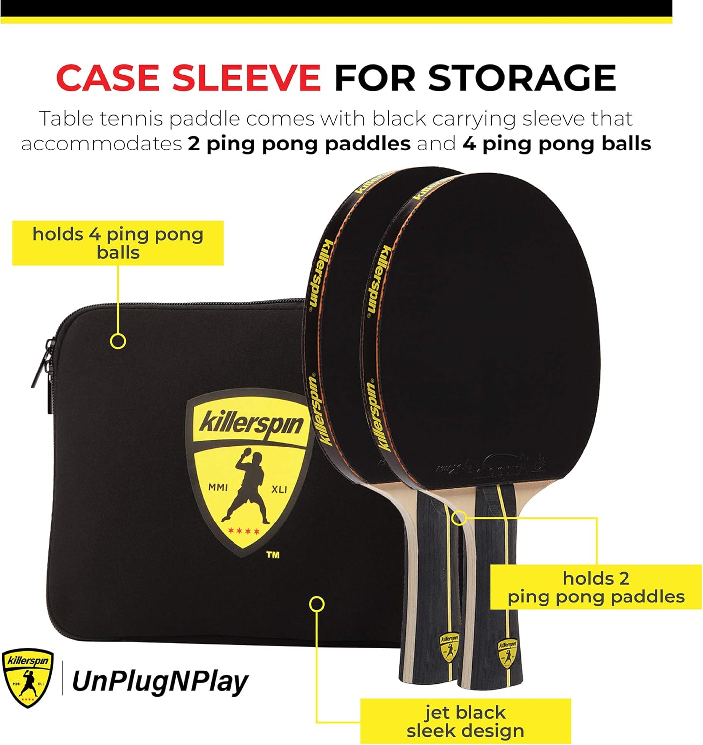 Killerspin Jet Black Combo Table Tennis Paddle with Sleeve, Competitive Ping Pong Paddle with Carrying Case, Table Tennis Racket with Wood Blade, Nitrx Rubber Grips Ping Pong Balls - Black : Sports & Outdoors
