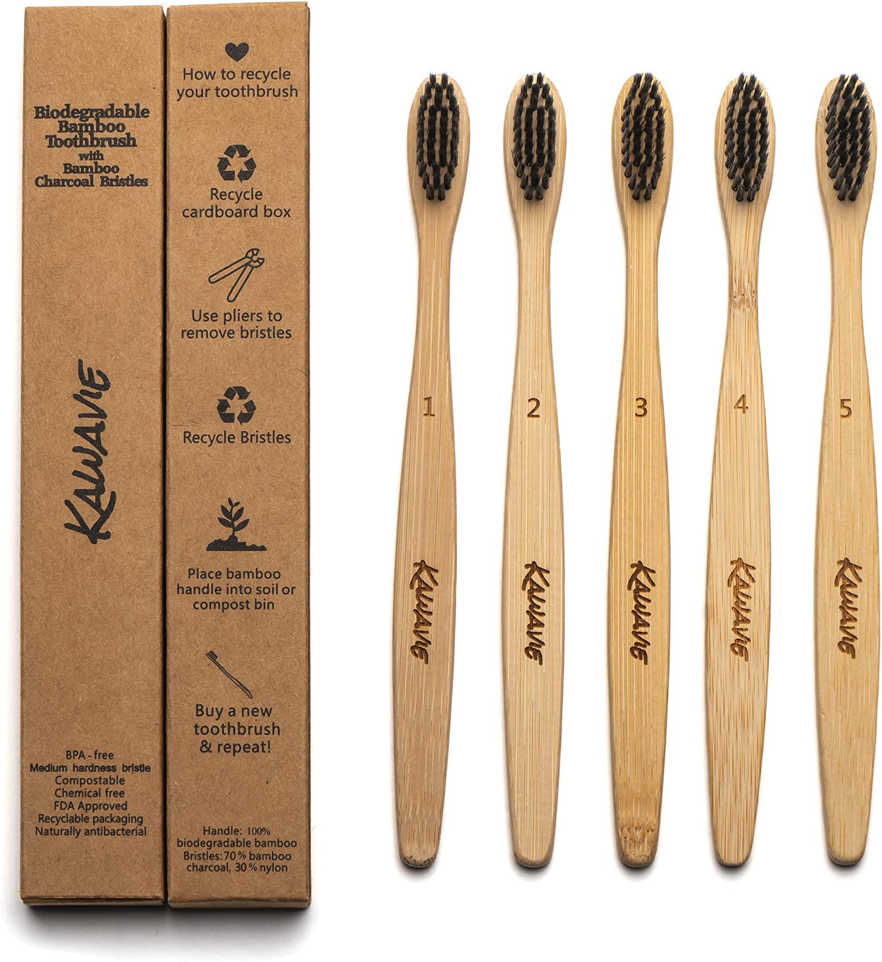 Kawavie Eco-Friendly, Biodegradable, Medium Charcoal Infused Bristles, Gentle, and BPA Free, 5 Pack of Bamboo Toothbrushes for Adults and Kids
